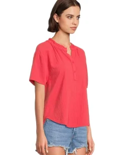 Women Mod-o-doc Short Sleeve Ruffle Neck Henley Top