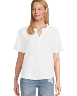 Women Mod-o-doc Short Sleeve Ruffle Neck Henley Top
