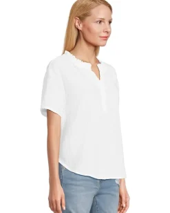 Women Mod-o-doc Short Sleeve Ruffle Neck Henley Top