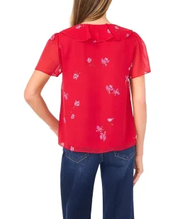 CeCe Short Sleeve Ruffle Tie Neck Top Stoplight Red Sale