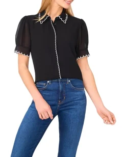 CeCe Short Sleeve Scallop Contrast Trim Button Up Top Rich Black Hot