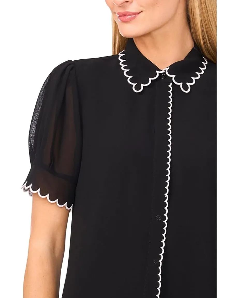 CeCe Short Sleeve Scallop Contrast Trim Button Up Top Rich Black Hot