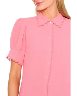 CeCe Short Sleeve Scalloped Collar & Cuff Button-Up Blouse Confetti New