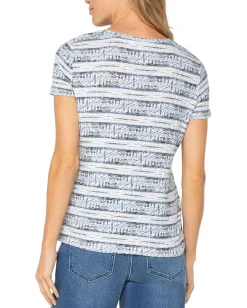Liverpool Los Angeles Short Sleeve Scoop Neck Knit Top With Miter Front Indigo Ikat Stripe New