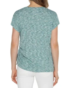 Liverpool Los Angeles Short Sleeve Scoop Neck with Side Tie Detail Space Dye Rib Knit Mermaid Teal Spacedye Best