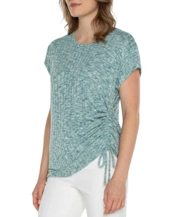 Liverpool Los Angeles Short Sleeve Scoop Neck with Side Tie Detail Space Dye Rib Knit Mermaid Teal Spacedye Best