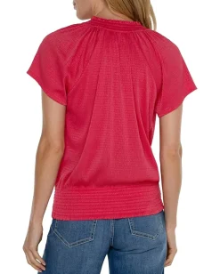 Liverpool Los Angeles Short Sleeve Smocked Raglan Knit Top with Neck Tie Berry Blossom Discount