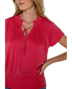 Liverpool Los Angeles Short Sleeve Smocked Raglan Knit Top with Neck Tie Berry Blossom Discount