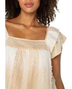 Liverpool Los Angeles Short Sleeve Square Neck Woven Blouse Brown Cream Chevron Stripe