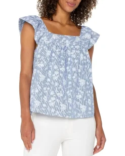 Liverpool Los Angeles Short Sleeve Square Neck Woven Blouse Blue White Floral Stripe Sale