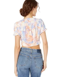 BCBGeneration Short Sleeve Tie Front Button Top V1VX1T18 Abstract Tie-Dye Outlet