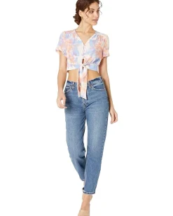 BCBGeneration Short Sleeve Tie Front Button Top V1VX1T18 Abstract Tie-Dye Outlet