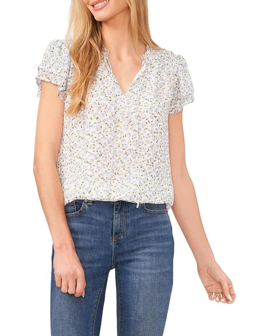 Women CeCe Short Sleeve Tie V-Neck Blouse