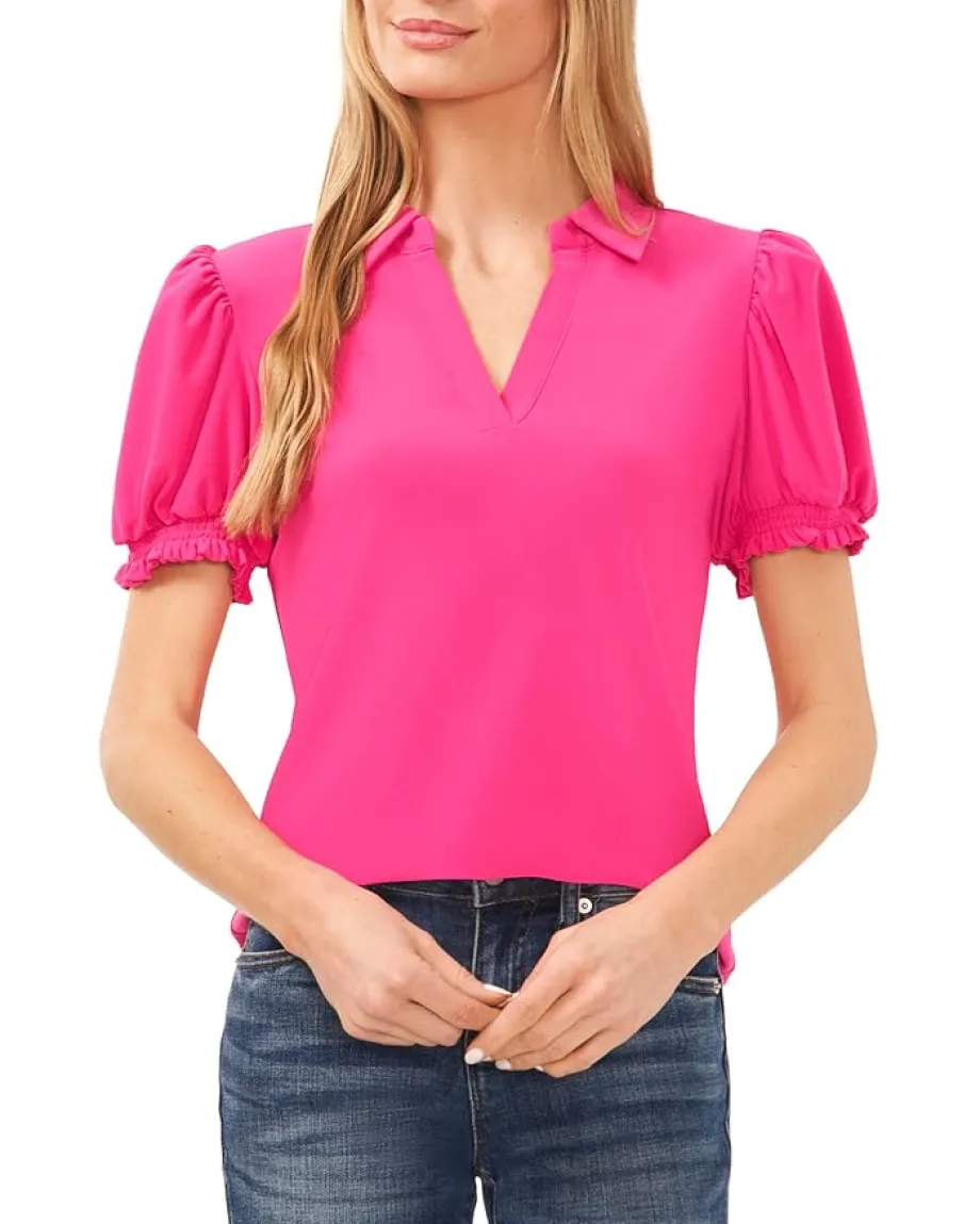 CeCe Short Sleeves Split Neck Collared Top Bright Rose Discount