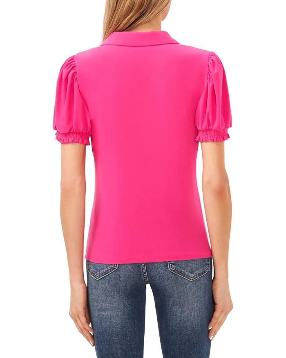 CeCe Short Sleeves Split Neck Collared Top Bright Rose Discount