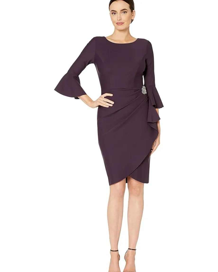 Alex Evenings Short Slimming Dress with Bell Sleeves Aubergine Outlet
