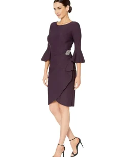 Alex Evenings Short Slimming Dress with Bell Sleeves Aubergine Outlet