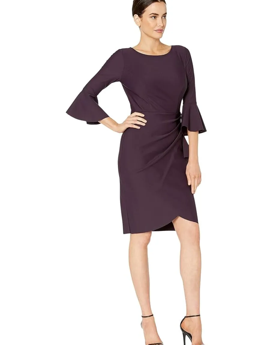 Alex Evenings Short Slimming Dress with Bell Sleeves Aubergine Outlet