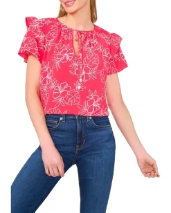 Women CeCe Shoulder Smocking Ruffle Sleeve Tie Top