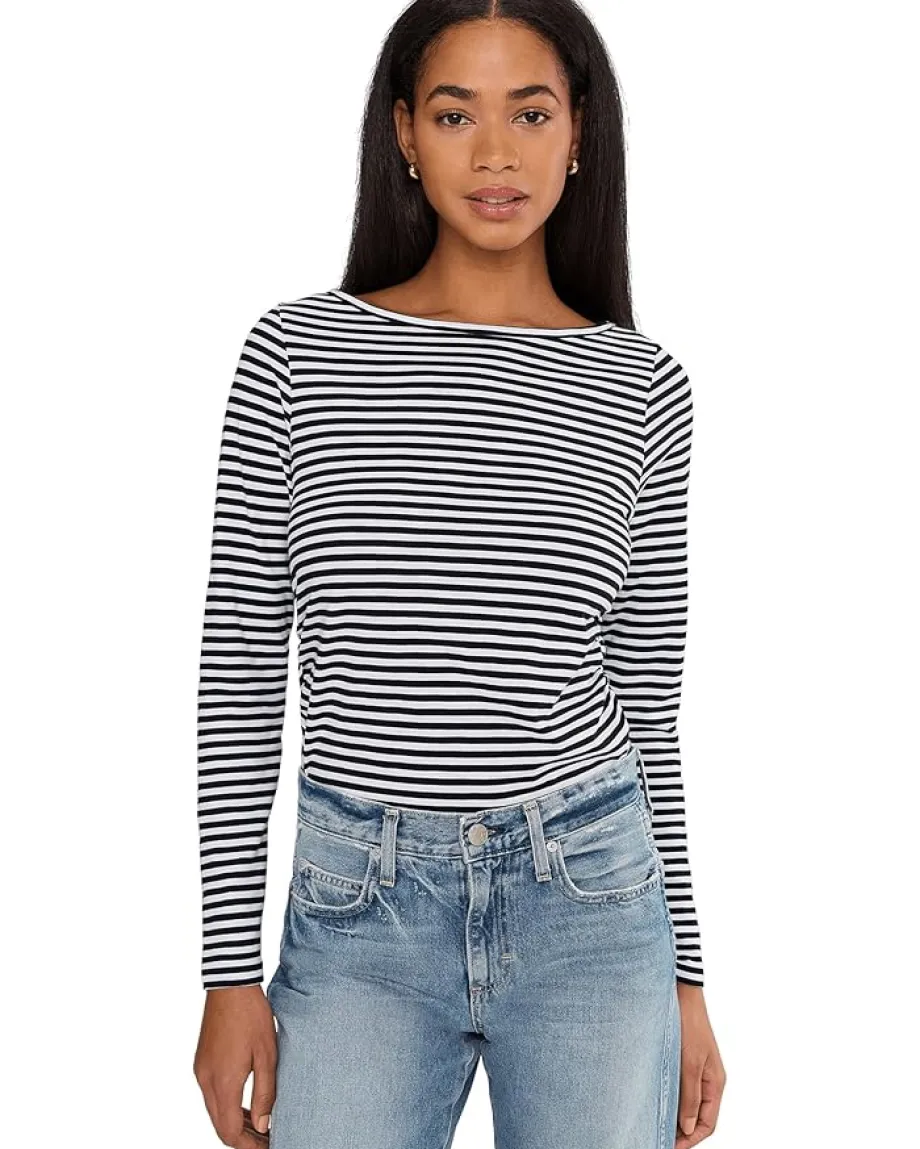Madewell Side Ruched Slub Long Sleeve Stripe Jet Black Sale