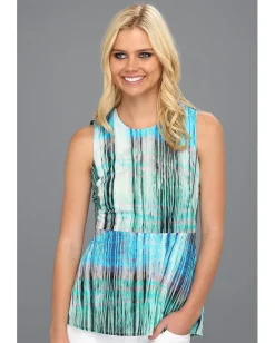 Halston S/L Printed Crewneck Top with Flounce Hem Lagoon Watercolor Plaid Print Clearance