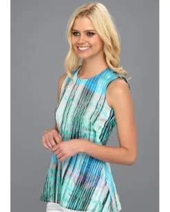 Halston S/L Printed Crewneck Top with Flounce Hem Lagoon Watercolor Plaid Print Clearance