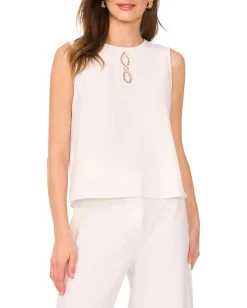 Vince Camuto Sleeveless Crew Neck Blouse with Center Embroidery Ultra White Hot