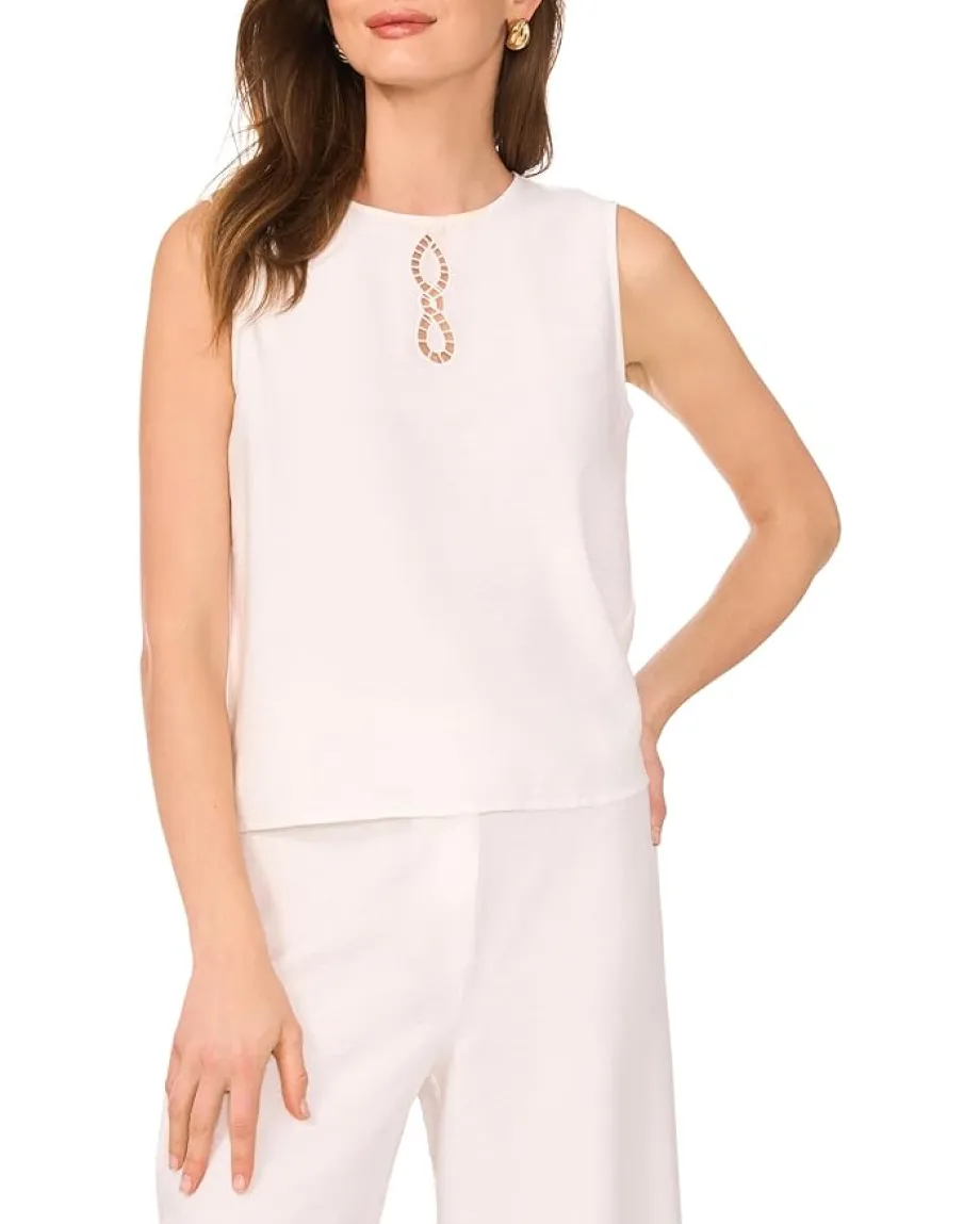 Vince Camuto Sleeveless Crew Neck Blouse with Center Embroidery Ultra White Hot