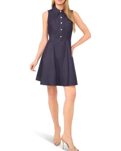CeCe Sleeveless Fit & Flare Collared Dress Classic Navy Outlet
