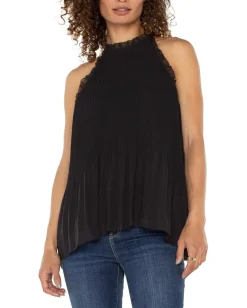 Liverpool Los Angeles Sleeveless Pleated Healter Top with Ruffle Chiffon Black Hot
