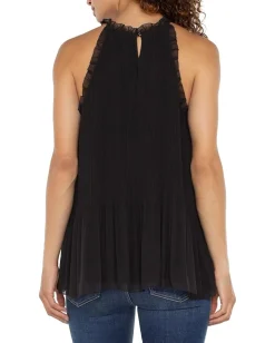 Liverpool Los Angeles Sleeveless Pleated Healter Top with Ruffle Chiffon Black Hot