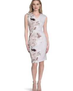 Calvin Klein Sleeveless Scuba V-Neck Sheath Khaki Multi Discount