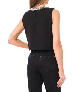 CeCe Sleeveless Sequin Paillette Trim Top Rich Black Best