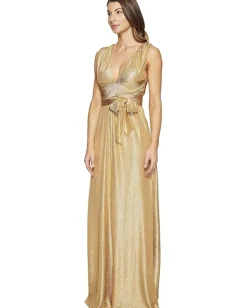 Women Halston Sleeveless V-Neck Jersey Gown w/ Wrap Tie & Front Slit