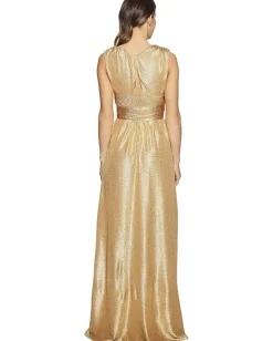 Women Halston Sleeveless V-Neck Jersey Gown w/ Wrap Tie & Front Slit