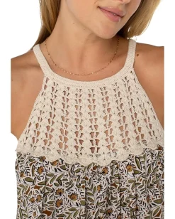 Liverpool Los Angeles Sleeveless Woven Halter with Crochet Top Olive Leaf/Cream Sale