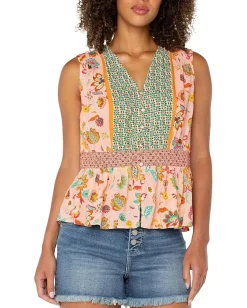 Women Liverpool Los Angeles Sleeveless Woven Top With Smocked Waist