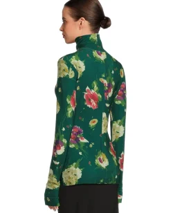 Norma Kamali Slim Fit Long Sleeve Turtle Top Floral Green Multi Outlet