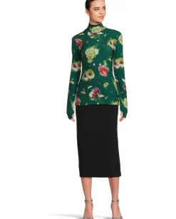 Norma Kamali Slim Fit Long Sleeve Turtle Top Floral Green Multi Outlet