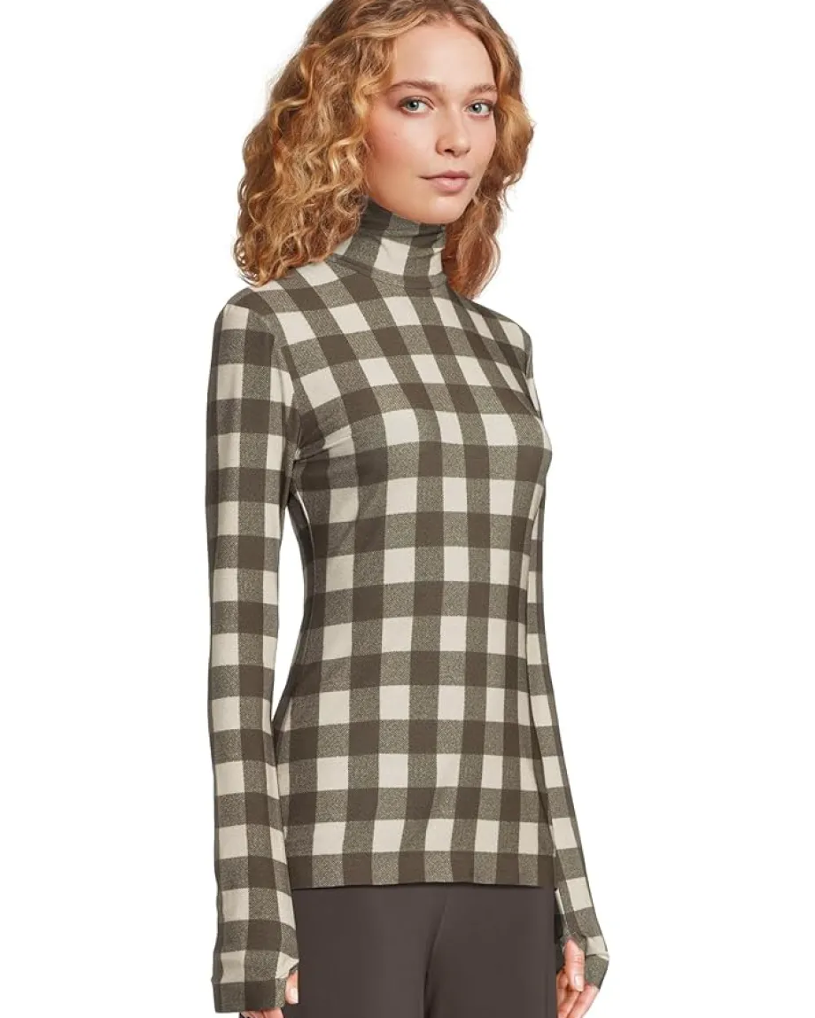 Norma Kamali Slim Fit Long Sleeve Turtle Top Bark Box Plaid Discount
