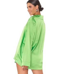 Show Me Your Mumu Smith Button-Down Bright Green Luxe Satin Outlet