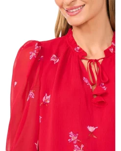 CeCe Smocked Cuff Ruffle Tie Neck Top Stoplight Red Best