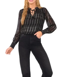 Women CeCe Smocked Cuff Ruffle Tie Neck Top