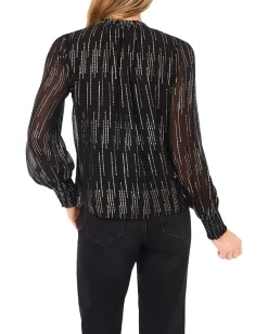 Women CeCe Smocked Cuff Ruffle Tie Neck Top