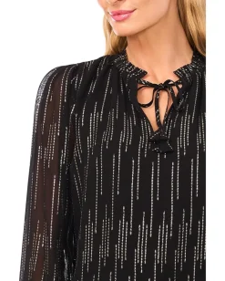 Women CeCe Smocked Cuff Ruffle Tie Neck Top