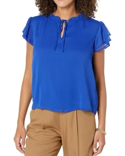 CeCe Smocked Shoulder Tie Neck Blouse Royal Blue Clearance