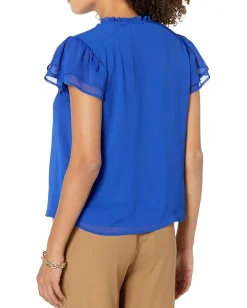 CeCe Smocked Shoulder Tie Neck Blouse Royal Blue Clearance