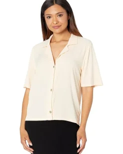 Mod-o-doc Soft Woven Stretch Viscose 1/2 Sleeve Button-Up Top Kasha