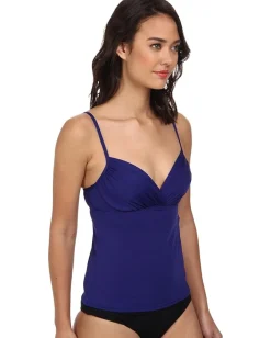 Badgley Mischka Solid Shirred Underwire Tankini Top Midnight Blue Discount