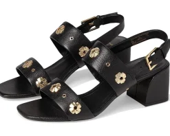 Kate Spade New York Spade Flower Stud Pebbled Leather Block Heel Sandals Black Outlet
